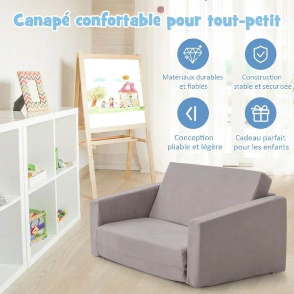 Canapé Lit Enfant 2 en 1 - 2 Place en Flanelle Textile avec Housse Amovible & Lavable Charge 50kg pour 18-36 Mois Gris