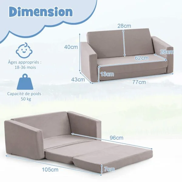 Canapé Lit Enfant 2 en 1 - 2 Place en Flanelle Textile avec Housse Amovible & Lavable Charge 50kg pour 18-36 Mois Gris