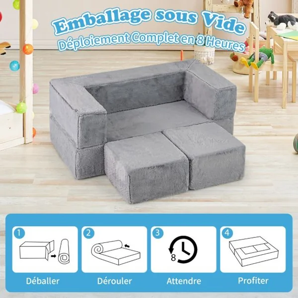 Canapé Modulaire pour Enfants Fauteuil Convertible en Mousse pour Enfants Canapé en Peluche pour Tout-petits Canapé-lit Pliable Gris