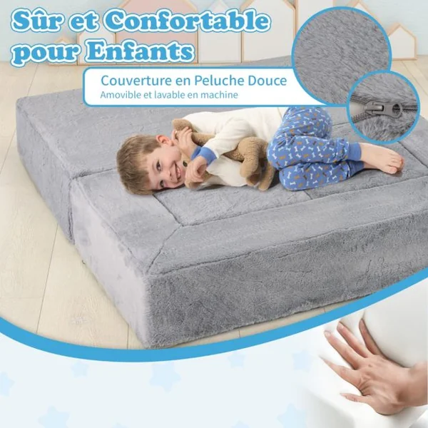 Canapé Modulaire pour Enfants Fauteuil Convertible en Mousse pour Enfants Canapé en Peluche pour Tout-petits Canapé-lit Pliable Gris