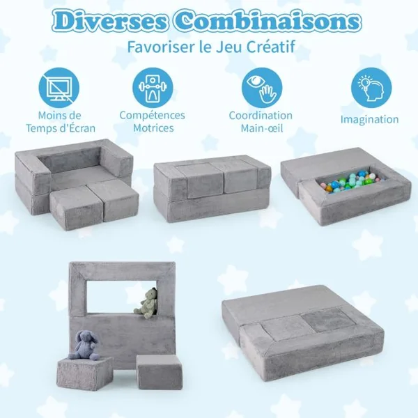 Canapé Modulaire pour Enfants Fauteuil Convertible en Mousse pour Enfants Canapé en Peluche pour Tout-petits Canapé-lit Pliable Gris