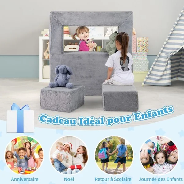 Canapé Modulaire pour Enfants Fauteuil Convertible en Mousse pour Enfants Canapé en Peluche pour Tout-petits Canapé-lit Pliable Gris