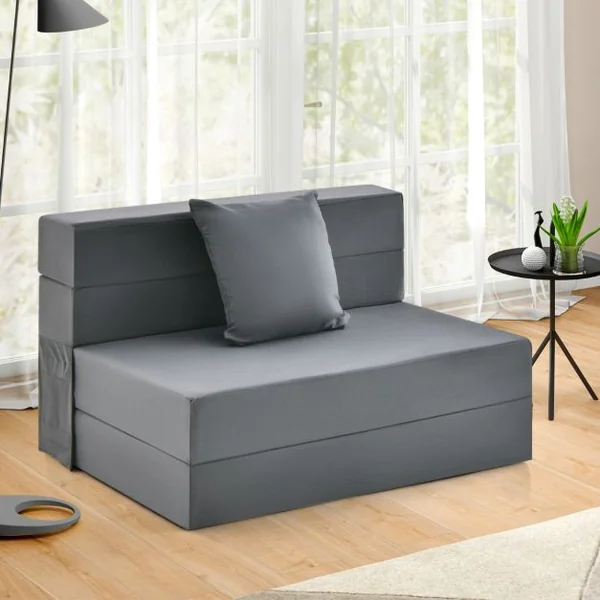 Canapé Pliant avec Oreiller Canapé Lit Mousse Haute Densité Matelas Ergonomique de 15 CM d'Appoint Portable Housse Zippée et Lavable Gris Foncé