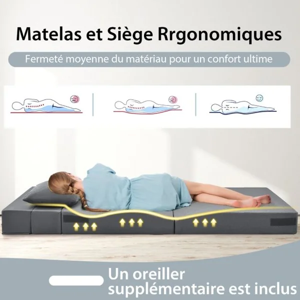 Canapé Pliant avec Oreiller Canapé Lit Mousse Haute Densité Matelas Ergonomique de 15 CM d'Appoint Portable Housse Zippée et Lavable Gris Foncé