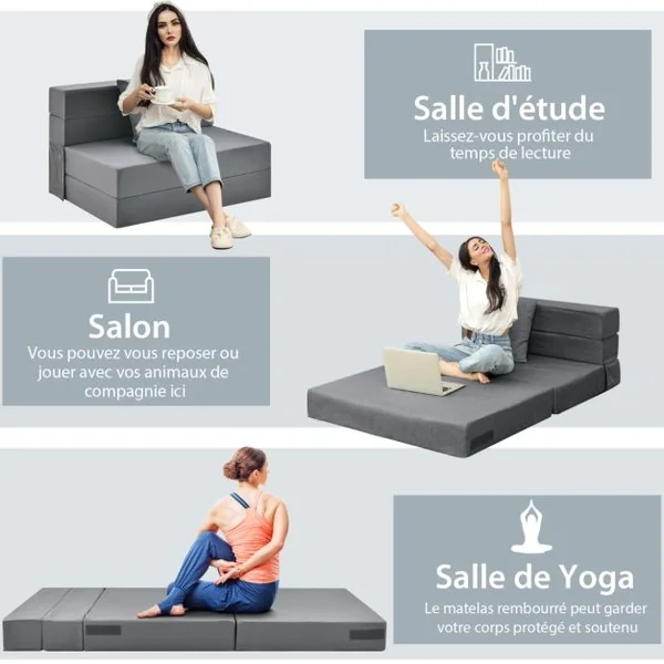 Canapé Pliant avec Oreiller Canapé Lit Mousse Haute Densité Matelas Ergonomique de 15 CM d'Appoint Portable Housse Zippée et Lavable Gris Foncé