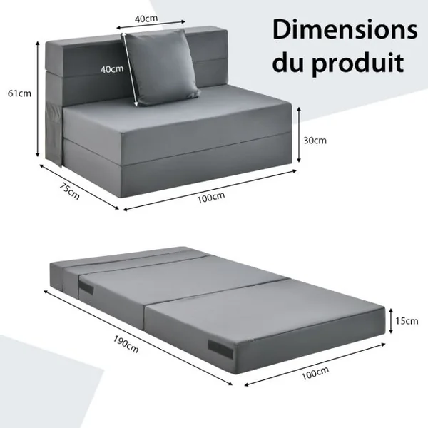 Canapé Pliant avec Oreiller Canapé Lit Mousse Haute Densité Matelas Ergonomique de 15 CM d'Appoint Portable Housse Zippée et Lavable Gris Foncé