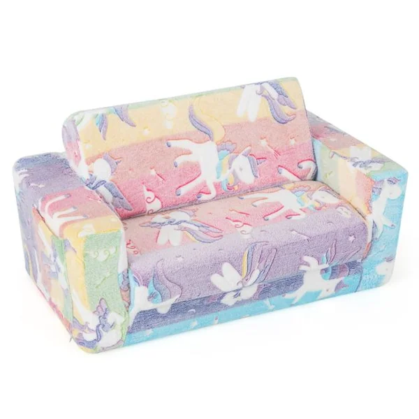 Canapé Rabattable 2 en 1 pour Enfant Canapé Convertible en Chaise Longue Housse Amovible en Tissu Flanelle et Motifs Lumineux en Peluche Douce Coloré