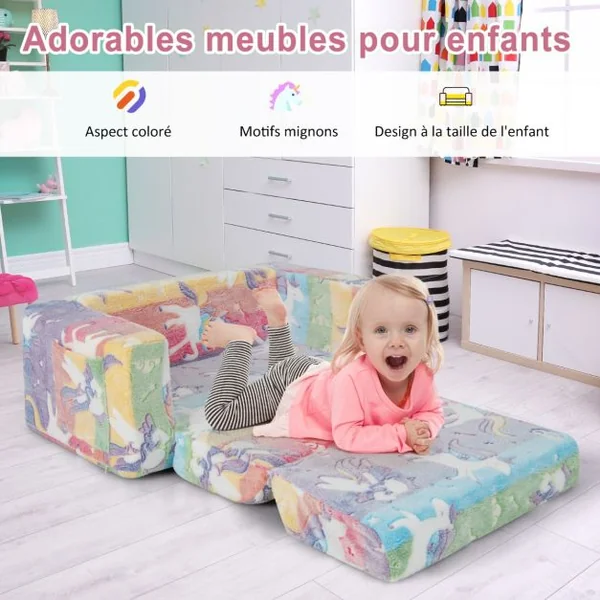 Canapé Rabattable 2 en 1 pour Enfant Canapé Convertible en Chaise Longue Housse Amovible en Tissu Flanelle et Motifs Lumineux en Peluche Douce Coloré