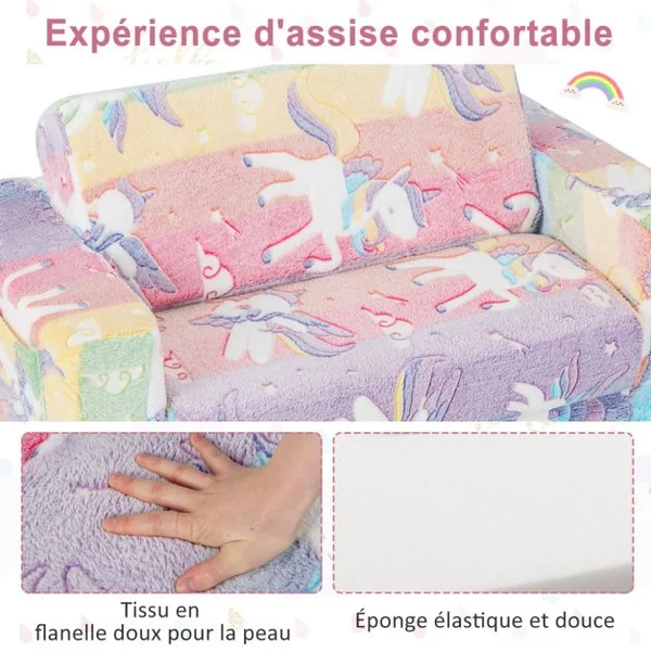 Canapé Rabattable 2 en 1 pour Enfant Canapé Convertible en Chaise Longue Housse Amovible en Tissu Flanelle et Motifs Lumineux en Peluche Douce Coloré