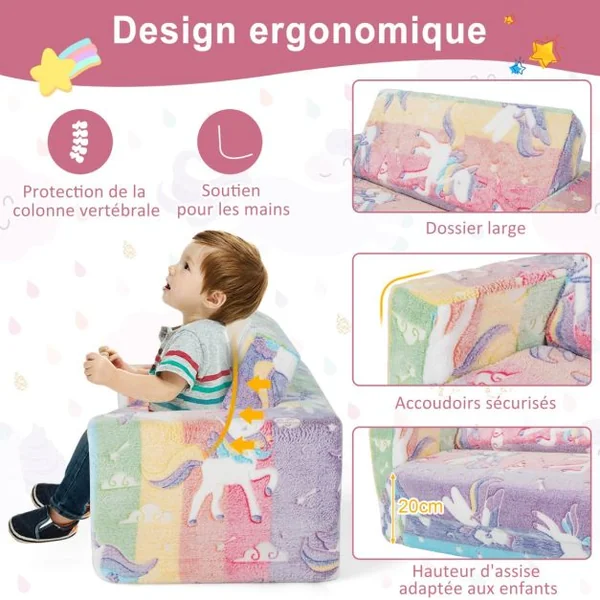 Canapé Rabattable 2 en 1 pour Enfant Canapé Convertible en Chaise Longue Housse Amovible en Tissu Flanelle et Motifs Lumineux en Peluche Douce Coloré