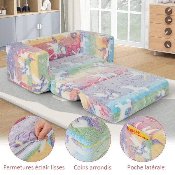 Canapé Rabattable 2 en 1 pour Enfant Canapé Convertible en Chaise Longue Housse Amovible en Tissu Flanelle et Motifs Lumineux en Peluche Douce Coloré