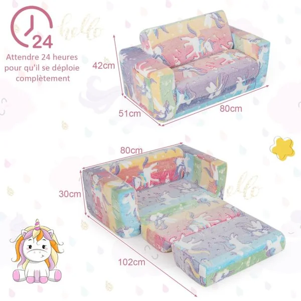 Canapé Rabattable 2 en 1 pour Enfant Canapé Convertible en Chaise Longue Housse Amovible en Tissu Flanelle et Motifs Lumineux en Peluche Douce Coloré