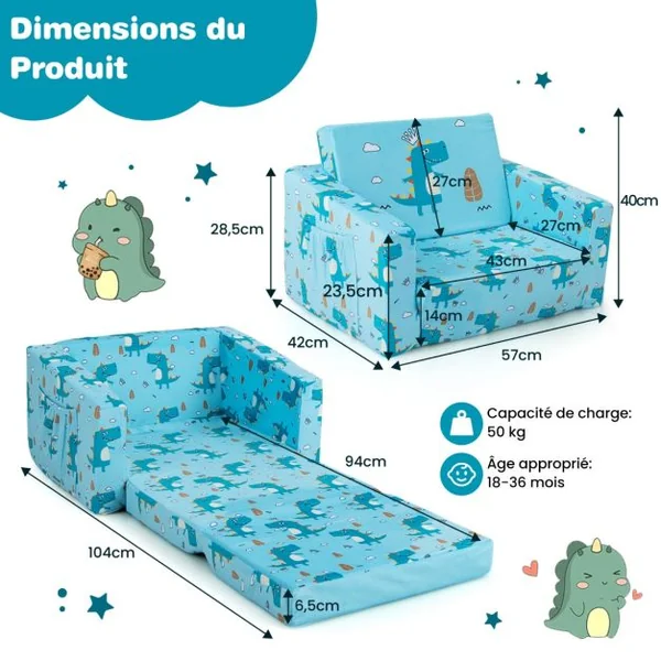 Canapé-Lit 2 en 1 Enfants Convertible en Velours avec Poches de Rangement Latérales Imprimé Dinosaures 0-5 Ans