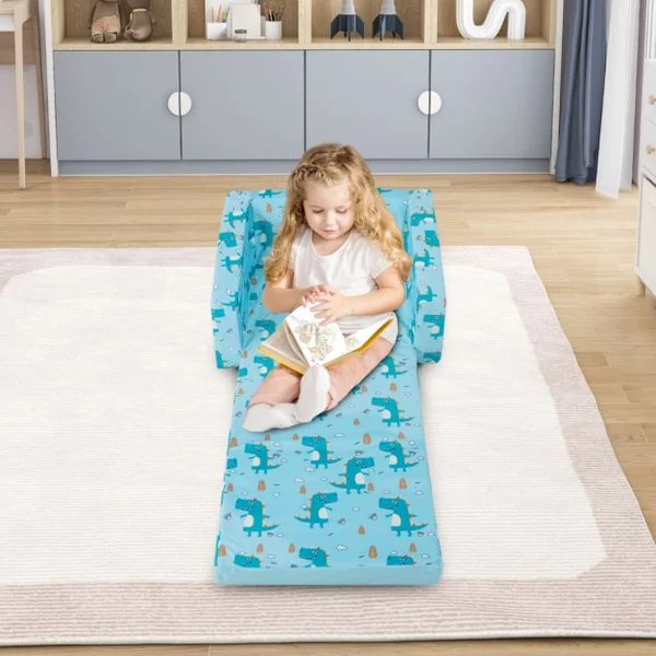 Canapé-Lit 2 en 1 Enfants Convertible en Velours avec Poches de Rangement Latérales Imprimé Dinosaures 0-5 Ans