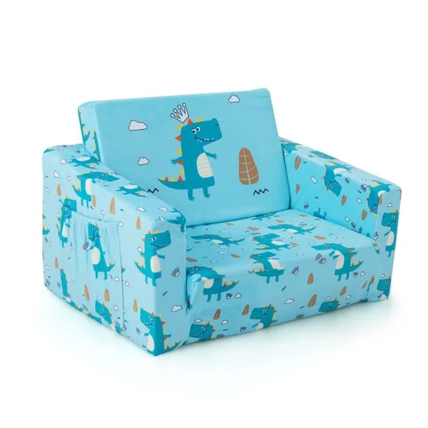 Canapé-Lit 2 en 1 Enfants Convertible en Velours avec Poches de Rangement Latérales Imprimé Dinosaures 0-5 Ans