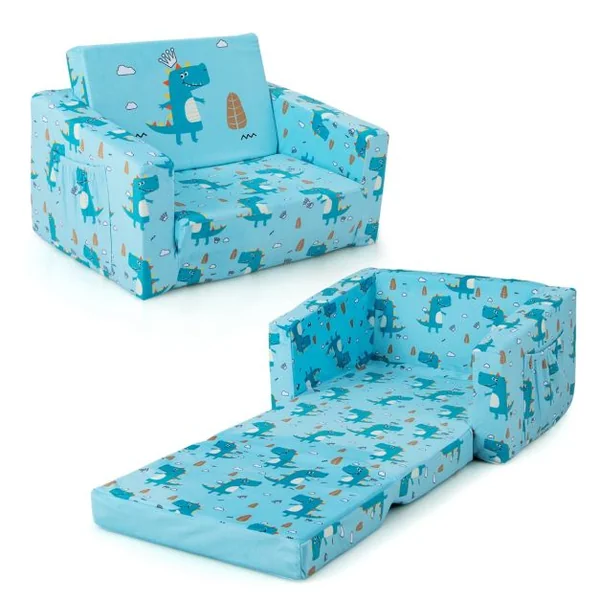 Canapé-Lit 2 en 1 Enfants Convertible en Velours avec Poches de Rangement Latérales Imprimé Dinosaures 0-5 Ans