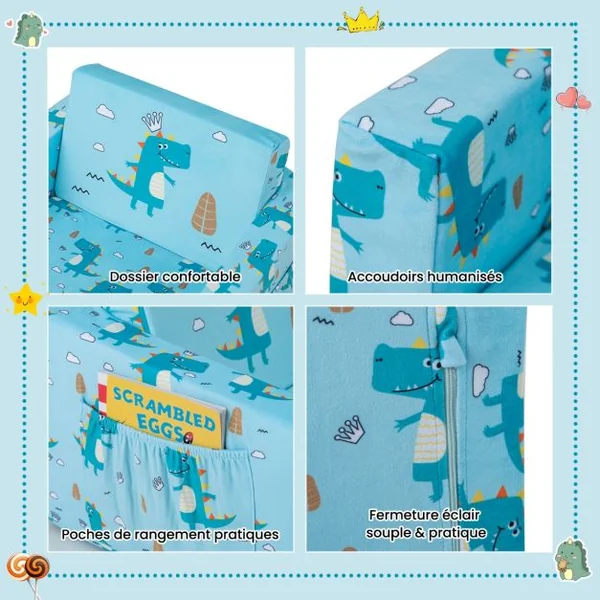 Canapé-Lit 2 en 1 Enfants Convertible en Velours avec Poches de Rangement Latérales Imprimé Dinosaures 0-5 Ans