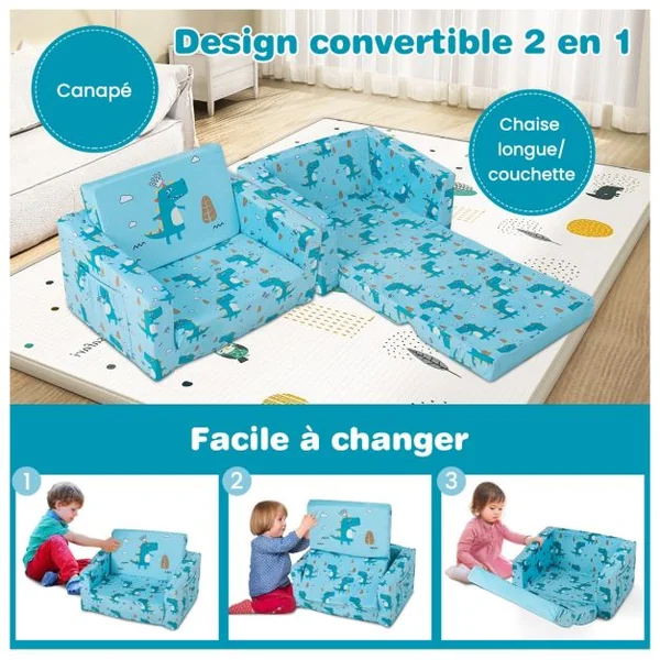 Canapé-Lit 2 en 1 Enfants Convertible en Velours avec Poches de Rangement Latérales Imprimé Dinosaures 0-5 Ans