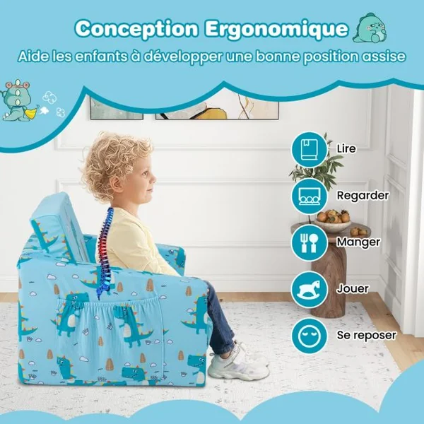 Canapé-Lit 2 en 1 Enfants Convertible en Velours avec Poches de Rangement Latérales Imprimé Dinosaures 0-5 Ans