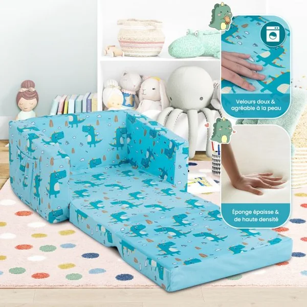 Canapé-Lit 2 en 1 Enfants Convertible en Velours avec Poches de Rangement Latérales Imprimé Dinosaures 0-5 Ans