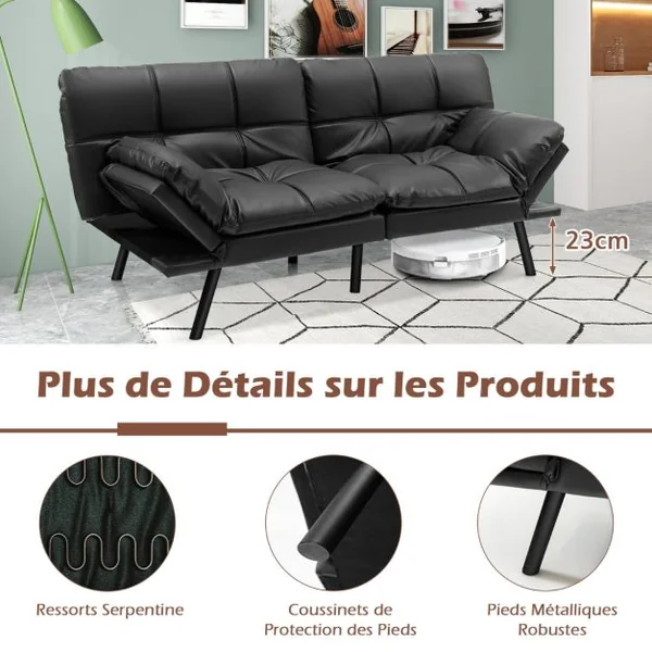 Canapé-lit Futon Convertible en Mousse à Mémoire de Forme avec Dossier et Accoudoirs Réglables Canapé-lit Futon Moderne Gris/Noir/Brun