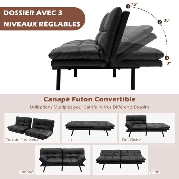 Canapé-lit Futon Convertible en Mousse à Mémoire de Forme avec Dossier et Accoudoirs Réglables Canapé-lit Futon Moderne Gris/Noir/Brun