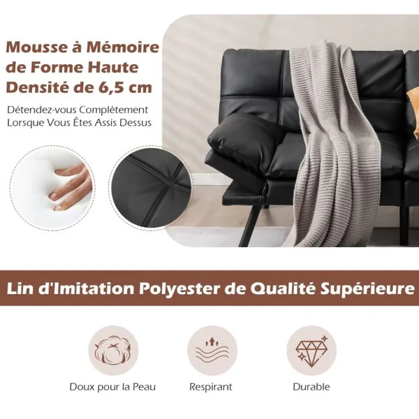 Canapé-lit Futon Convertible en Mousse à Mémoire de Forme avec Dossier et Accoudoirs Réglables Canapé-lit Futon Moderne Gris/Noir/Brun