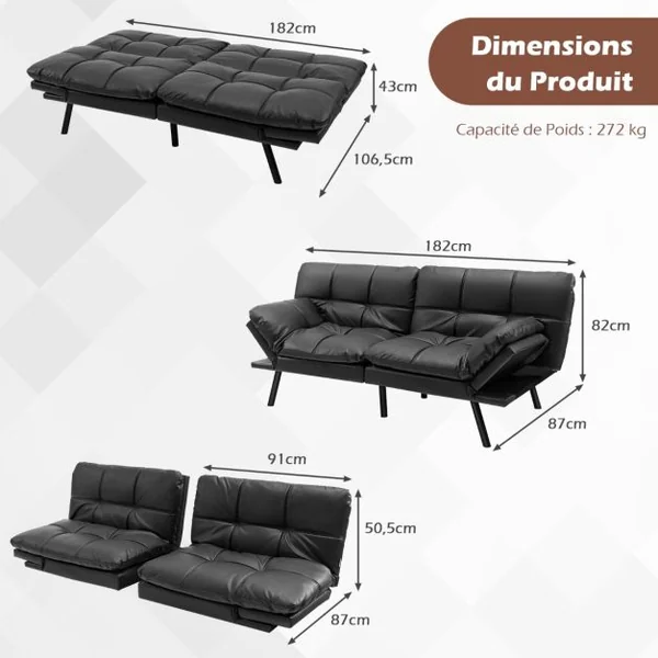 Canapé-lit Futon Convertible en Mousse à Mémoire de Forme avec Dossier et Accoudoirs Réglables Canapé-lit Futon Moderne Gris/Noir/Brun