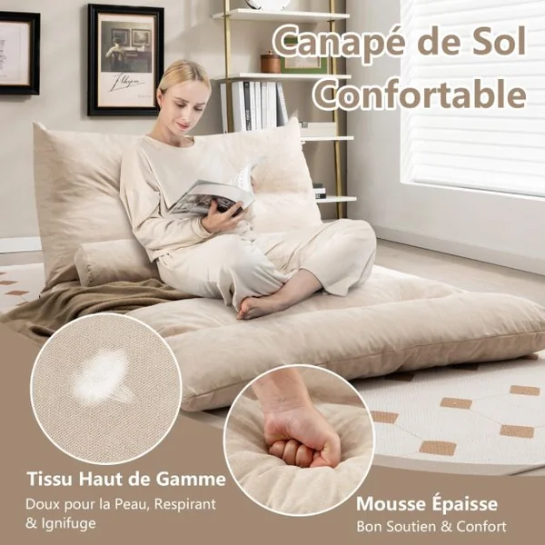 Canapé-lit Paresseux Pliable, Canapé Convertible avec Dossier Réglable à 42 Positions Chauffeuse avec 2 Oreillers pour Salon Chambre Balcon Gris