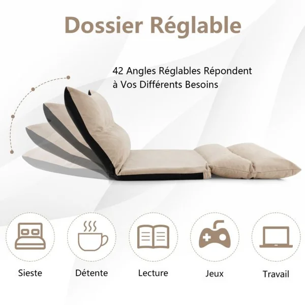 Canapé-lit Paresseux Pliable, Canapé Convertible avec Dossier Réglable à 42 Positions Chauffeuse avec 2 Oreillers pour Salon Chambre Balcon Gris