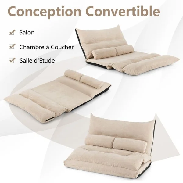 Canapé-lit Paresseux Pliable, Canapé Convertible avec Dossier Réglable à 42 Positions Chauffeuse avec 2 Oreillers pour Salon Chambre Balcon Gris