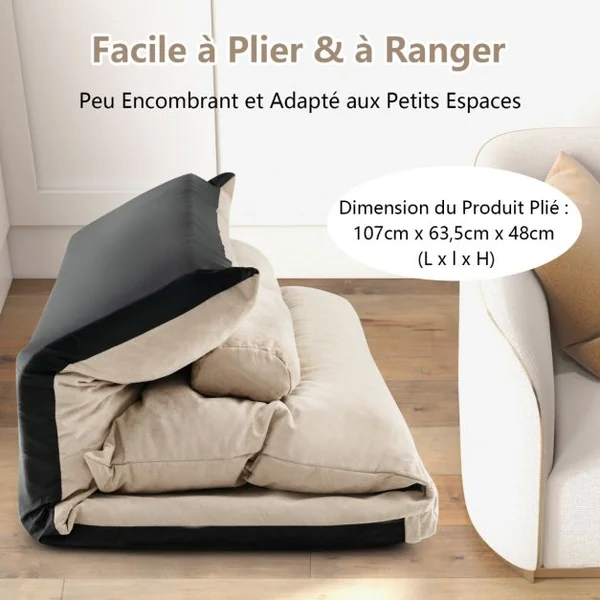 Canapé-lit Paresseux Pliable, Canapé Convertible avec Dossier Réglable à 42 Positions Chauffeuse avec 2 Oreillers pour Salon Chambre Balcon Gris