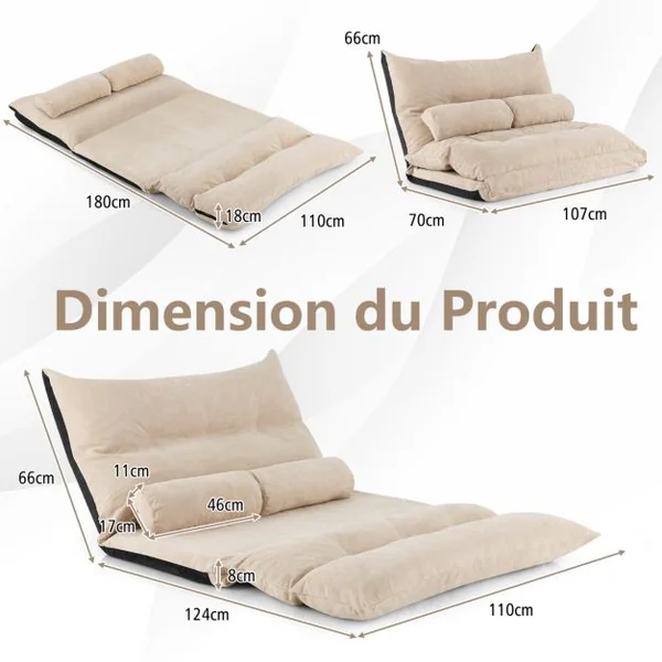 Canapé-lit Paresseux Pliable, Canapé Convertible avec Dossier Réglable à 42 Positions Chauffeuse avec 2 Oreillers pour Salon Chambre Balcon Gris