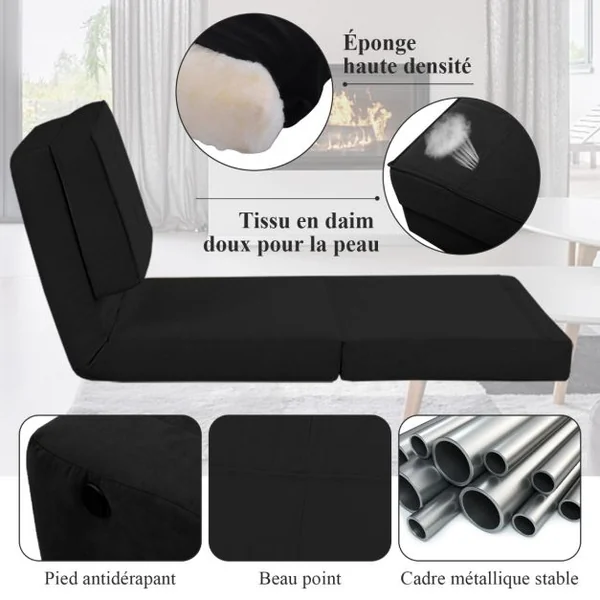 Canapé-Lit Paresseux Pliable Canapé de Sol Dossier Réglable 6 Positions Fauteuil-Lit Tissu en Daim Doux et Rembourré pour Chambre Salon Balcon Noir