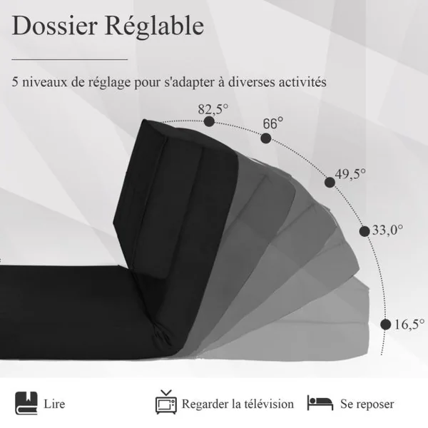 Canapé-Lit Paresseux Pliable Canapé de Sol Dossier Réglable 6 Positions Fauteuil-Lit Tissu en Daim Doux et Rembourré pour Chambre Salon Balcon Noir