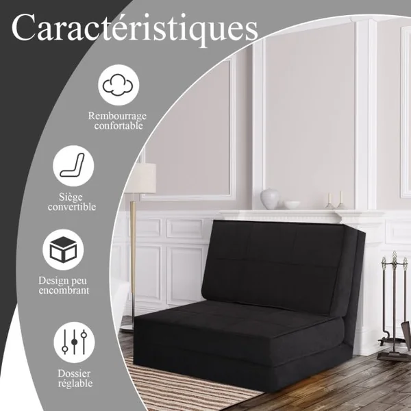 Canapé-Lit Paresseux Pliable Canapé de Sol Dossier Réglable 6 Positions Fauteuil-Lit Tissu en Daim Doux et Rembourré pour Chambre Salon Balcon Noir