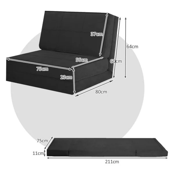 Canapé-Lit Paresseux Pliable Canapé de Sol Dossier Réglable 6 Positions Fauteuil-Lit Tissu en Daim Doux et Rembourré pour Chambre Salon Balcon Noir