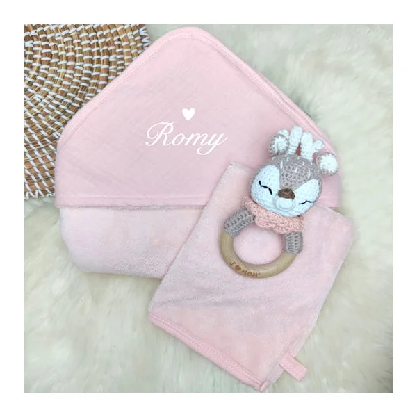 Cape de bain personnalisée et gant rose blush
