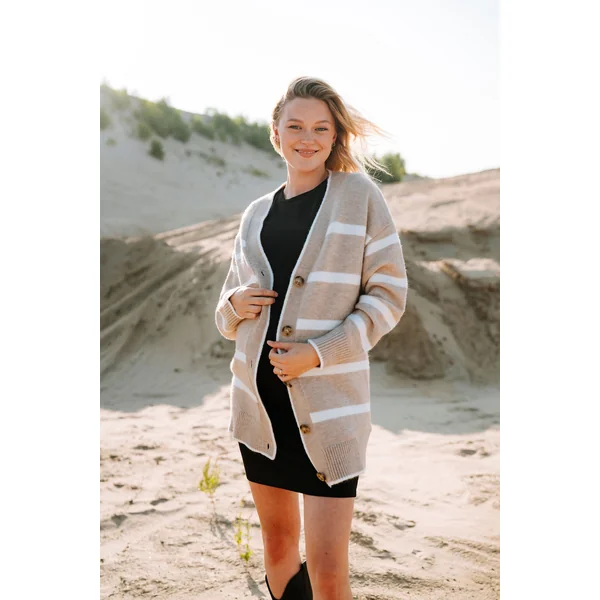 Cardigan CÉCILE (long à rayures) - beige & blanc