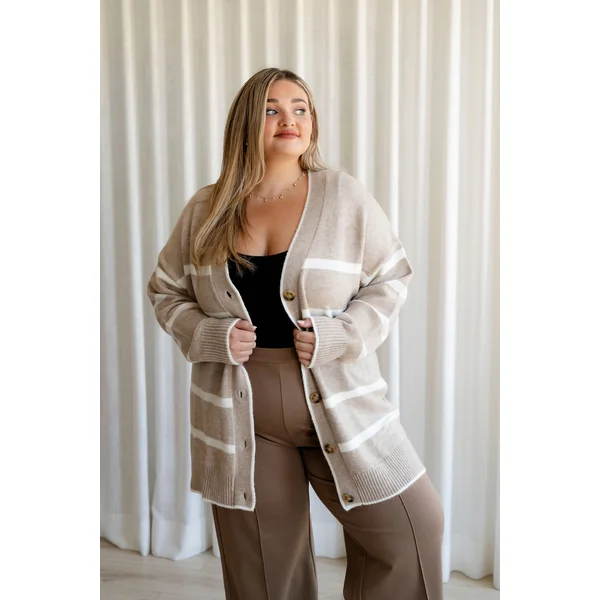 Cardigan CÉCILE (long à rayures) - beige & blanc