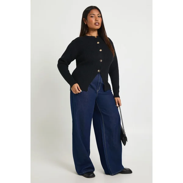 Cardigan Tricoté Col Rond à Boutons Dorés Grande Taille