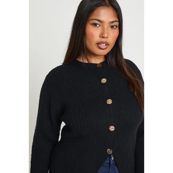 Cardigan Tricoté Col Rond à Boutons Dorés Grande Taille