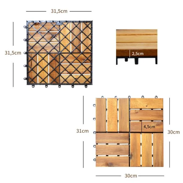 Carreaux de Terrasse en Bois d'Acacia27 Pièces Dalle Bois Huilé 30 x 30 CM Couvrant Surface de 24300 cm² Revêtement Extérieur ou Intérieur