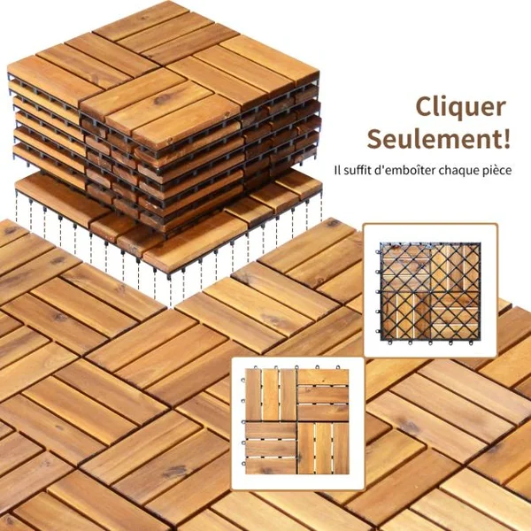 Carreaux de Terrasse en Bois d'Acacia27 Pièces Dalle Bois Huilé 30 x 30 CM Couvrant Surface de 24300 cm² Revêtement Extérieur ou Intérieur