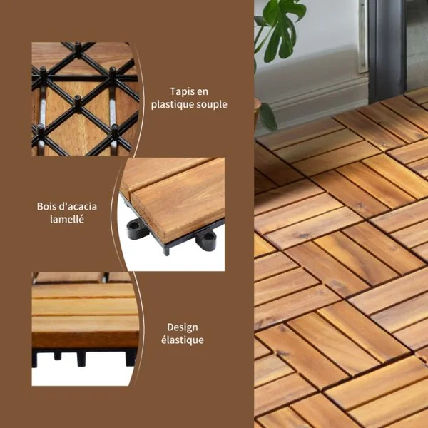 Carreaux de Terrasse en Bois d'Acacia27 Pièces Dalle Bois Huilé 30 x 30 CM Couvrant Surface de 24300 cm² Revêtement Extérieur ou Intérieur