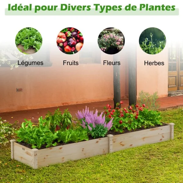 Carré Potager de Jardin Rectangulaire en Bois de Sapin 240x60x25CM Jardinière Surélevée avec Base Ouverte pour Fruits Légume