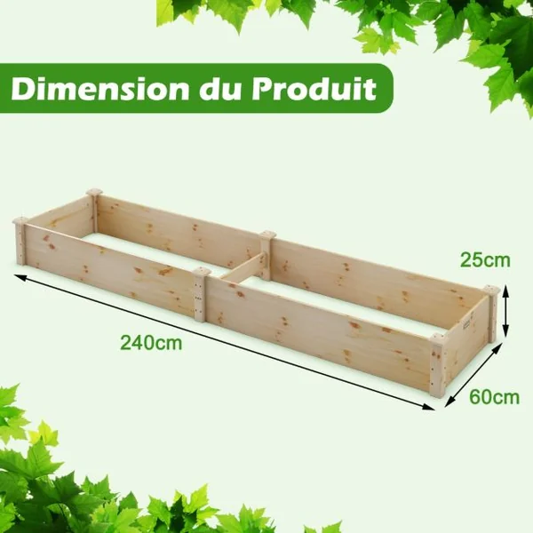 Carré Potager de Jardin Rectangulaire en Bois de Sapin 240x60x25CM Jardinière Surélevée avec Base Ouverte pour Fruits Légume