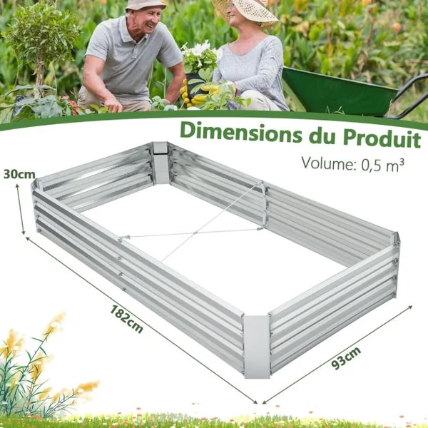 Carré Potager de Jardin Rectangulaire en Fer Galvanisé 182x93x30 CM Jardinière Surélevée Bac à Fleurs avec Base Ouverte