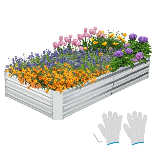 Carré Potager de Jardin Rectangulaire en Fer Galvanisé 182x93x30 CM Jardinière Surélevée Bac à Fleurs avec Base Ouverte