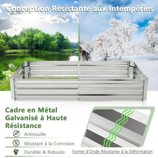 Carré Potager de Jardin Rectangulaire en Fer Galvanisé 182x93x30 CM Jardinière Surélevée Bac à Fleurs avec Base Ouverte